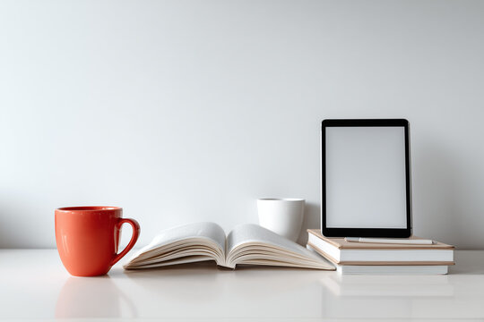 Minimalist photo of a computer science book, coffee mug, and tablet with a clean screen, placed on a white desk