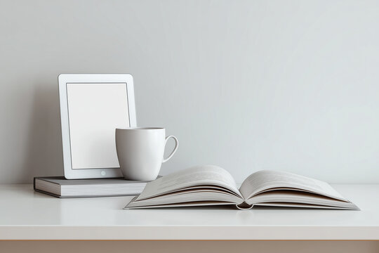 Minimalist photo of a computer science book, coffee mug, and tablet with a clean screen, placed on a white desk