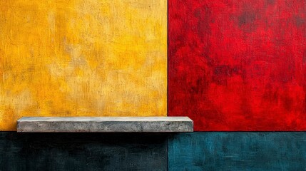 Poster - Geometric Color Composition: A striking composition of yellow, red, and blue hues, creating a visually captivating abstract artwork with a concrete shelf in a modern setting.