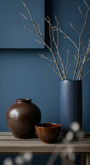 Poster - Brown and blue ceramic vases with dried branches, arranged on wooden surface against blue background Showcase, minimalist home decor, simple elegance