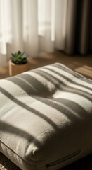 Poster - Off-white cushion texture, sunlight creating vertical stripes, simple design, conveys calmness and serenity, ideal for minimalist home decor