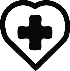 Poster - A stylized black heart shape encloses a bold black plus symbol representing health and care