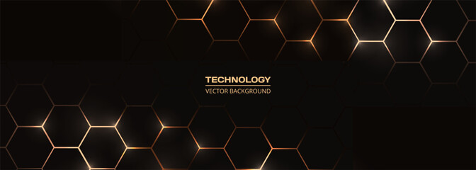 Aufkleber - Black and gold hexagonal technology wide abstract background with honeycombs. Vector illustration
