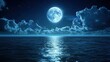 © future7 - A bright full moon illuminates a calm ocean under a starry night sky with scattered clouds reflecting on the water's surface.