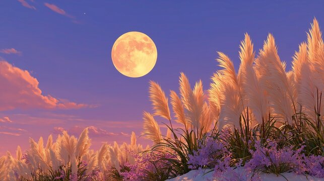 Full Moon Setting Behind Pampas Grass at Dusk, Purple Sky with White Clouds and Foreground Blooms