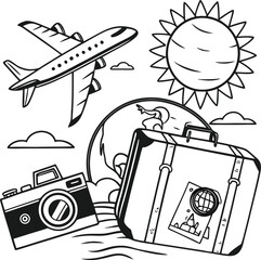 Poster - Hand-drawn vector doodle set of travel and vacation icons with airplanes and musical instruments
