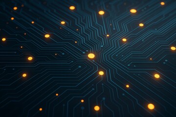 Poster - Close up of a dark blue circuit board with glowing orange connections