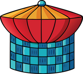 Poster - Stylized illustration of a red and yellow domed structure with a blue checkered base and a small blue sphere on top