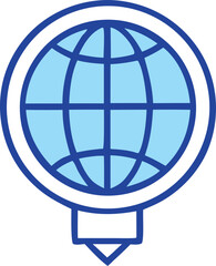 Aufkleber - Stylized blue globe icon with a white ring and a pointer shape at the bottom representing global connection or location