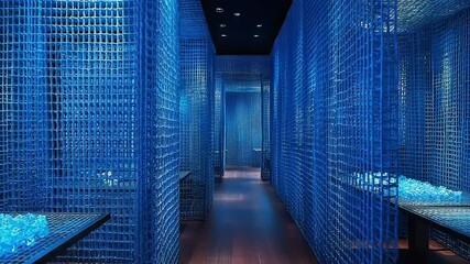 Captivating Blue Wireframe Hallway Installation: Modern Art and Interior Design