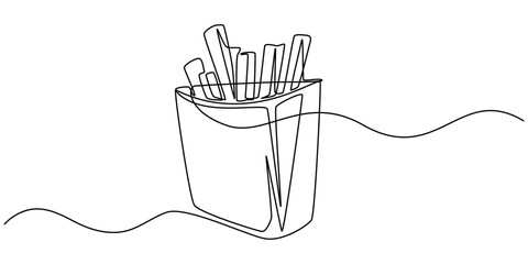 Poster - French Fries Continuous Line Art Illustration, Continuous one line drawing of French fries. Single line drawing illustration of Fat french fries fast food. Junk food concept vector art. Doodle line