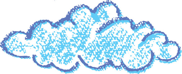 Poster - Crayon cloud icon like kid drawing in kindergarten. Painted with charcoal or wax blue pencil sky sign. Cloudy weather symbol. Rough chalk texture vector illustration in children style. Collage element