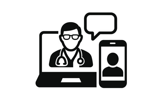A virtual visit between a doctor and patient via laptop or mobile phone is represented by a flat vector icon for healthcare apps and websites as telemedicine or telehealth