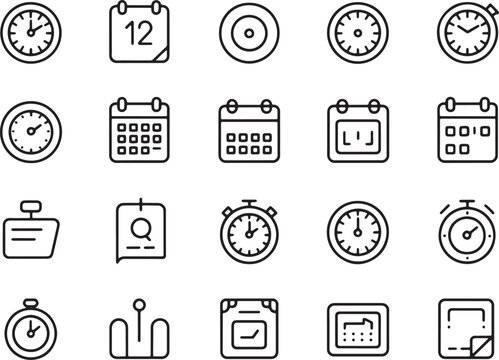A Set of 20 Black and White Line Art Time and Calendar Icons