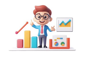 Poster - businessman with digital marketing stats 3d cartoon character on white background