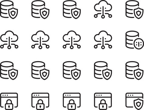 Set of 20 Black and White Line Art Icons Database, Cloud, Security