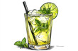 © Aisyaqilumar - A monochrome sketch of a mojito cocktail, with a glass full of ice, a straw, mint leaves, and a lime half beside it.