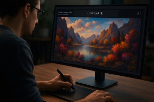 Designer working with a pen tablet and computer, crafting a stunning nature artwork enhanced by the capabilities of AI technology