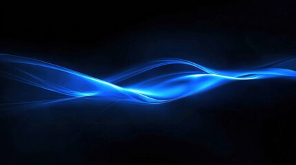 Poster - Blue glowing wave-like light flows smoothly against a dark background, creating an abstract and futuristic visual effect.