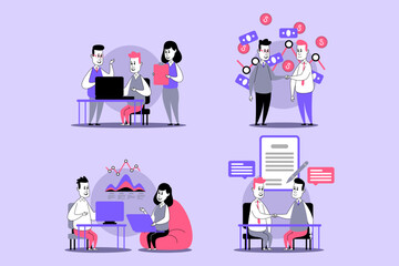 Poster - Groups of people engaged in various tasks at colorful workspace with computers, tablets, and discussions. Brainstorming, planning, and teamwork in modern setting concept