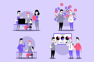 Poster - Vibrant illustration of diverse individuals collaborating in various scenarios. They engaged in discussions, examining data on screens, and sharing ideas. Effective teamwork concept