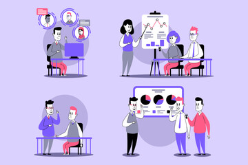 Poster - Group of professionals engaged in various activities including discussions, presentations, and data analysis. Teamwork and project outcomes in modern office setting