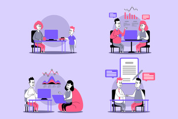 Poster - Illustrations of various collaborative activities in office environment, showcasing teamwork among individuals working together on projects and discussing ideas