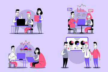 Poster - Diverse group of people engaged in various collaborative activities in modern workspace. People using digital devices and discussing ideas. Teamwork and productivity concept