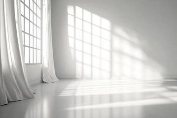 Wall Mural - bright, empty white room with large grid windows casting soft light and shadows on the floor, framed