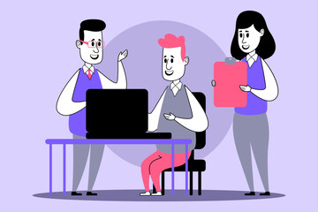 Poster - Three individuals engaged in discussion around desk. One person seated at laptop while others sharing ideas and taking notes, creating collaborative work environment
