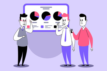 Poster - Three animated characters analyzing business data displayed on large screen. Teamwork and collaboration in casual office setting concept