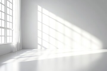 Wall Mural - sunlight streams through a large, grid-patterned window, casting bright shadows on the clean white f