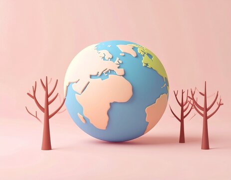 Stylized Earth Globe with Bare Trees on Pink Background, Climate Change Concept