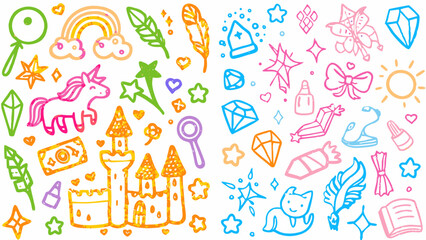 Naklejka na meble Hand-drawn doodle collage of magical fantasy, colorful chalk texture design.