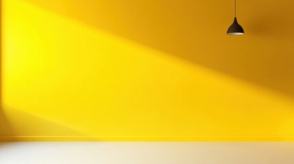 Poster - A minimalistic bright yellow wall with a single black pendant lamp casting subtle shadows, creating a modern and vibrant interior atmosphere.