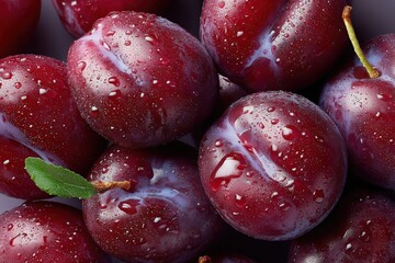Poster - Fresh juicy cherries with water droplets close-up on dark background for healthy fruit snack or dessert ingredient presentation