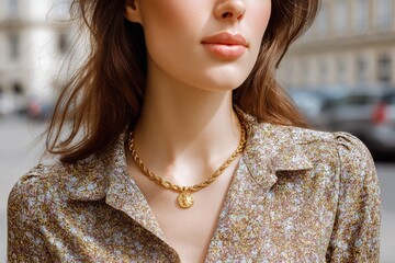 Aufkleber - Close-up of a woman wea a floral shirt and golden necklace standing outdoors in an urban park du daytime, natural light illumination
