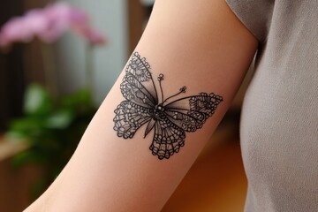 Poster - Close-up of a delicate lace butterfly tattoo on a woman's upper arm showcasing intricate details and fine line work in a natural setting