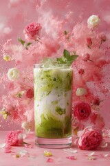 Poster - Refreshing green and white layered beverage with floral and mint garnishes explosion with pink powder and roses on pink background