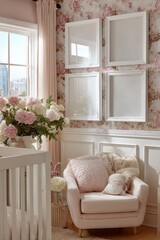 Aufkleber - Bright Sunlit Living Room Corner with Elegant Pink Floral Wall Decor Modern White Framed Cozy Cushioned Chair and Fresh Flower Bouquet