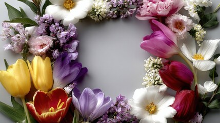 Poster - Beautiful colorful floral border with tulips roses and lilies on a light background perfect for wedding invitations and sp decoration