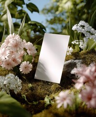 Poster - Reflective Mirror Surrounded by Vibrant Sp Flowers and Green Foliage in a Natural Garden Setting with Bright Sunlight