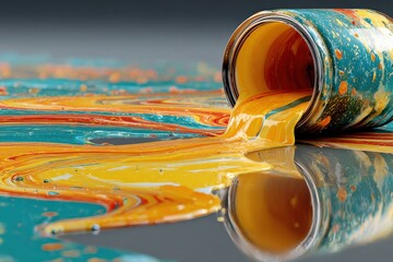Aufkleber - Close-up of spilled spilled colorful paint from a tilted metal can on reflective surface vibrant paint mixing and flowing with vivid colors and textures