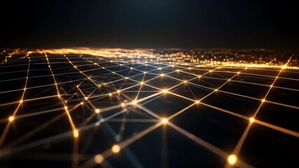 Fototapete - Animated Digital Network Representation with Connected Glowing Nodes and Lines in Orange on Black Background