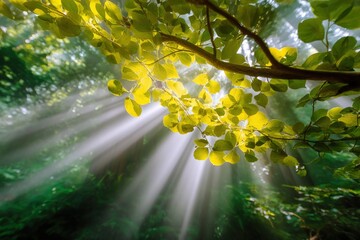 Poster - Lush green tree branches with vibrant yellow leaves sunbeams shining through dense forest canopy in natural sunlight and peaceful outdoor setting
