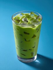 Poster - Refreshing green iced beverage with crushed ice and vibrant color served in a tall glass on blue background