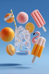 Poster - Colorful Summer Frozen Fruit Ice Cream Popsicles with Citrus and Fruit Slices in Glass of Ice Cubes on Bright Blue Background