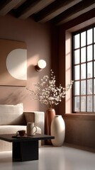 Poster - Cozy Modern Living Room Interior with Large Window Natural Light Elegant Decor Soft Couch Vase Flowers Wall Lamp