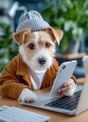 Aufkleber - Adorable puppy wea a gray knit hat using a laptop at a table in cozy indoor setting with greenery in background