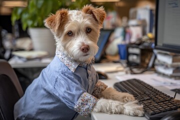 Poster - Adorable small dog with fluffy fur and curious expression wea a denim shirt sitting at a cluttered desk with computer and office supplies in a home workspace